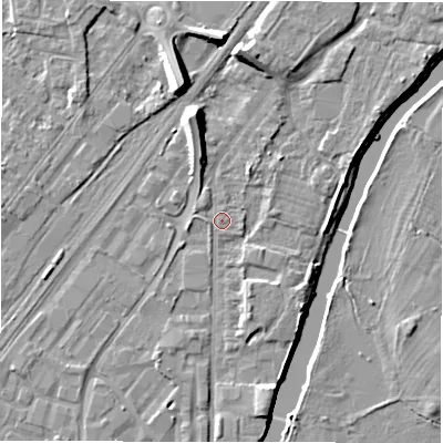 Shaded relief map of the ground around DE141RB, computed from Environment Agency LiDAR. The ground here sits at about 45 m above sea level and falls 10 m across the surrounding 800 m. Surface water reaching this point runs off ground lying to the south-east, 1.6 m higher.