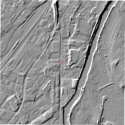 Shaded relief map of the ground around DE141RD, computed from Environment Agency LiDAR. The ground here sits at about 45 m above sea level and falls 10 m across the surrounding 800 m. Surface water reaching this point runs off ground lying to the north-east, 2.2 m higher.