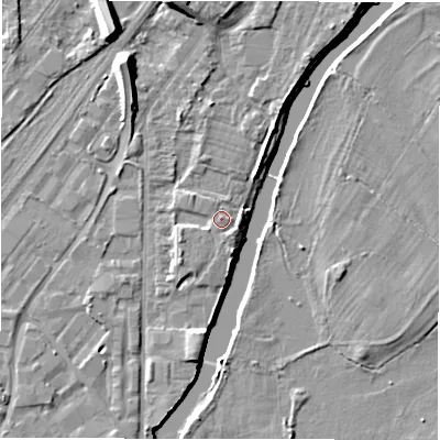 Shaded relief map of the ground around DE141RE, computed from Environment Agency LiDAR. The ground here sits at about 46 m above sea level and falls 10 m across the surrounding 800 m. Surface water reaching this point runs off ground lying to the south-west, 1.2 m higher.