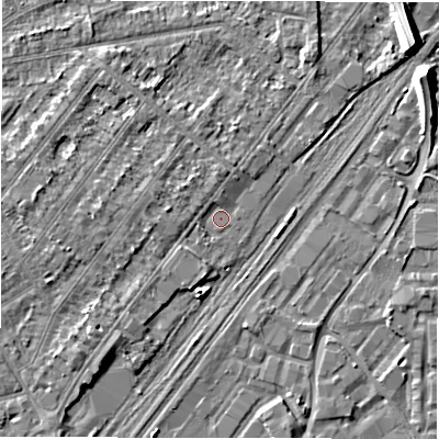 Shaded relief map of the ground around DE141RG, computed from Environment Agency LiDAR. The ground here sits at about 45 m above sea level and falls 7 m across the surrounding 800 m. Surface water reaching this point runs off ground lying to the north, 1.0 m higher.