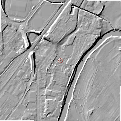 Shaded relief map of the ground around DE141RH, computed from Environment Agency LiDAR. The ground here sits at about 45 m above sea level and falls 10 m across the surrounding 800 m. Surface water reaching this point runs off ground lying to the north-north-west, 4.4 m higher.