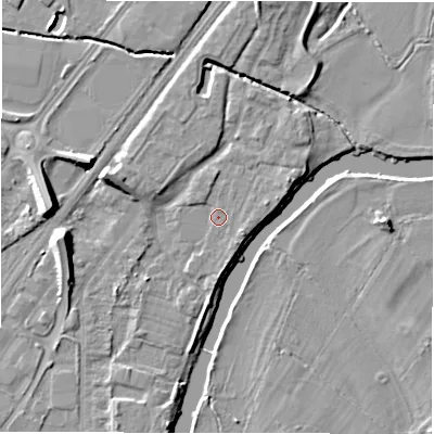 Shaded relief map of the ground around DE141RJ, computed from Environment Agency LiDAR. The ground here sits at about 45 m above sea level and falls 10 m across the surrounding 800 m. Surface water reaching this point runs off ground lying to the north, 1.3 m higher.