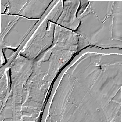 Shaded relief map of the ground around DE141RL, computed from Environment Agency LiDAR. The ground here sits at about 45 m above sea level and falls 10 m across the surrounding 800 m. Surface water reaching this point runs off ground lying to the east-north-east, 1.7 m higher.