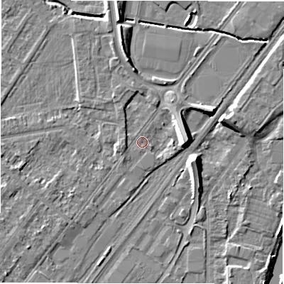 Shaded relief map of the ground around DE141RN, computed from Environment Agency LiDAR. The ground here sits at about 45 m above sea level and falls 9 m across the surrounding 800 m. Surface water reaching this point runs off ground lying to the west-south-west, 1.8 m higher.