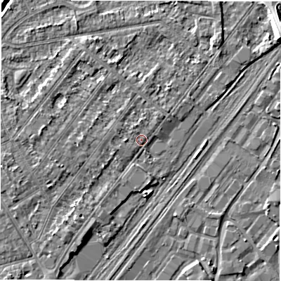 Shaded relief map of the ground around DE141RP, computed from Environment Agency LiDAR. The ground here sits at about 46 m above sea level and falls 8 m across the surrounding 800 m. Surface water reaching this point runs off ground lying to the west, 1.2 m higher.