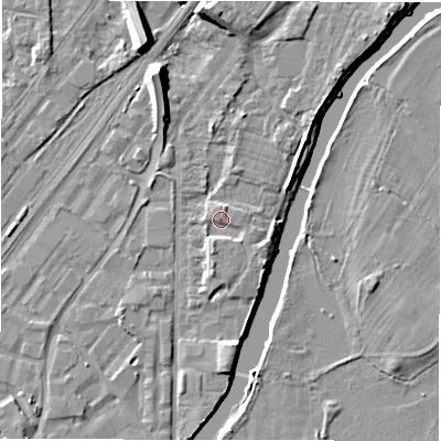 Shaded relief map of the ground around DE141RQ, computed from Environment Agency LiDAR. The ground here sits at about 46 m above sea level and falls 10 m across the surrounding 800 m. Surface water reaching this point runs off ground lying to the south-south-west, 1.9 m higher.