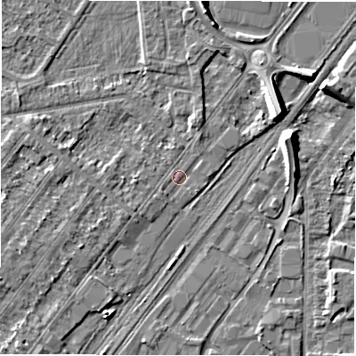 Shaded relief map of the ground around DE141RR, computed from Environment Agency LiDAR. The ground here sits at about 46 m above sea level and falls 8 m across the surrounding 800 m. Surface water reaching this point runs off ground lying to the south-west, 0.8 m higher.