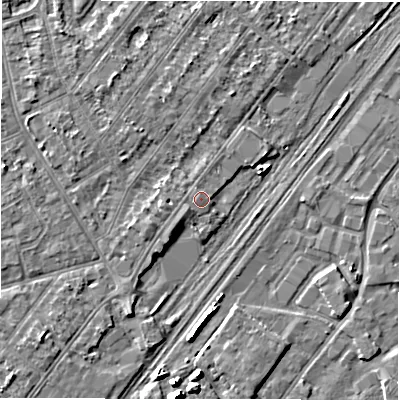 Shaded relief map of the ground around DE141RS, computed from Environment Agency LiDAR. The ground here sits at about 46 m above sea level and falls 6 m across the surrounding 800 m. Surface water reaching this point runs off ground lying to the south-west, 0.8 m higher.