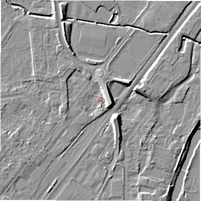 Shaded relief map of the ground around DE141RT, computed from Environment Agency LiDAR. The ground here sits at about 45 m above sea level and falls 10 m across the surrounding 800 m. Surface water reaching this point runs off ground lying to the east-south-east, 7.2 m higher.