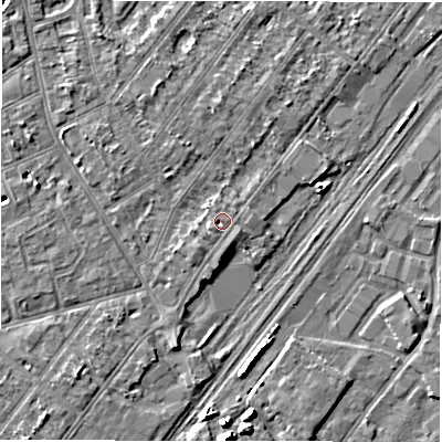 Shaded relief map of the ground around DE141RU, computed from Environment Agency LiDAR. The ground here sits at about 47 m above sea level and falls 6 m across the surrounding 800 m. Surface water reaching this point runs off ground lying to the south-west, 1.5 m higher.