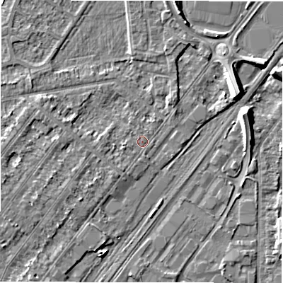 Shaded relief map of the ground around DE141RW, computed from Environment Agency LiDAR. The ground here sits at about 46 m above sea level and falls 8 m across the surrounding 800 m. Surface water reaching this point runs off ground lying to the west-south-west, 1.9 m higher.