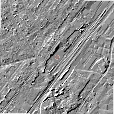 Shaded relief map of the ground around DE141RY, computed from Environment Agency LiDAR. The ground here sits at about 45 m above sea level and falls 6 m across the surrounding 800 m. Surface water reaching this point runs off ground lying to the south-west, 2.0 m higher.