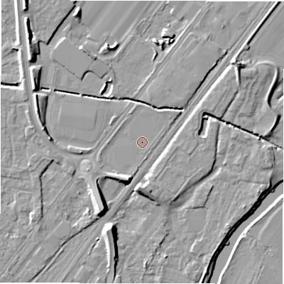 Shaded relief map of the ground around DE141RZ, computed from Environment Agency LiDAR. The ground here sits at about 45 m above sea level and falls 10 m across the surrounding 800 m. Surface water reaching this point runs off ground lying to the south-south-west, 6.4 m higher.