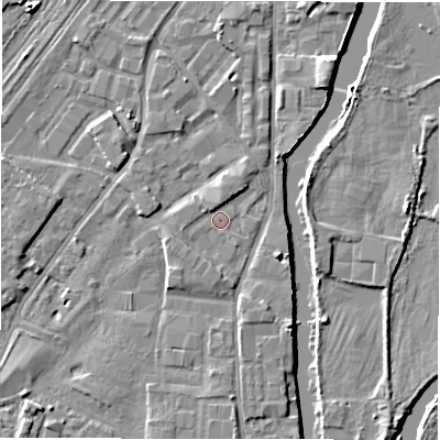 Shaded relief map of the ground around DE141SB, computed from Environment Agency LiDAR. The ground here sits at about 45 m above sea level and falls 5 m across the surrounding 800 m. Surface water reaching this point runs off ground lying to the west-south-west, 1.2 m higher.