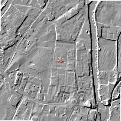 Shaded relief map of the ground around DE141SE, computed from Environment Agency LiDAR. The ground here sits at about 45 m above sea level and falls 6 m across the surrounding 800 m. Surface water reaching this point runs off ground lying to the south-east, 1.1 m higher.