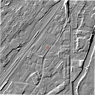 Shaded relief map of the ground around DE141SG, computed from Environment Agency LiDAR. The ground here sits at about 45 m above sea level and falls 9 m across the surrounding 800 m. Surface water reaching this point runs off ground lying to the south-south-west, 0.6 m higher.