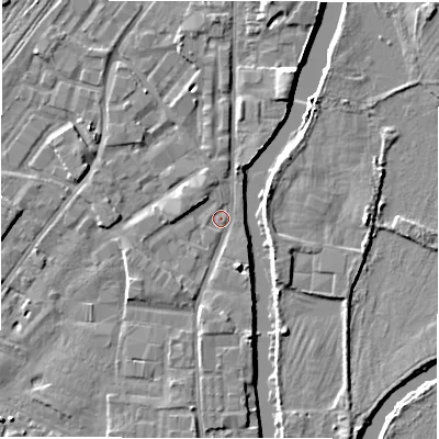 Shaded relief map of the ground around DE141SH, computed from Environment Agency LiDAR. The ground here sits at about 45 m above sea level and falls 5 m across the surrounding 800 m. Surface water reaching this point runs off ground lying to the south-south-east, 3.1 m higher.