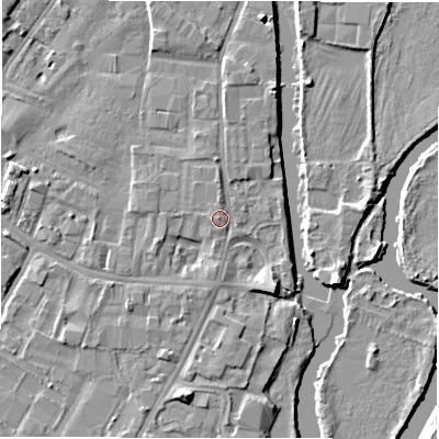 Shaded relief map of the ground around DE141SL, computed from Environment Agency LiDAR. The ground here sits at about 46 m above sea level and falls 5 m across the surrounding 800 m. Surface water reaching this point runs off ground lying to the north-north-west, 0.8 m higher.