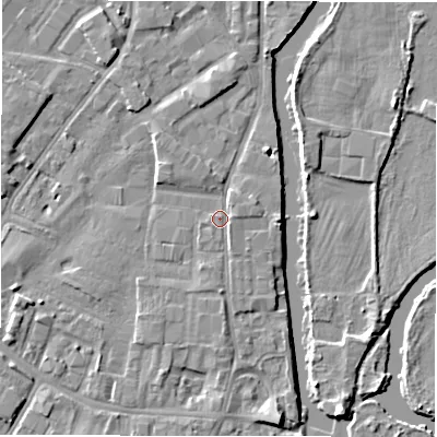 Shaded relief map of the ground around DE141SN, computed from Environment Agency LiDAR. The ground here sits at about 45 m above sea level and falls 5 m across the surrounding 800 m. Surface water reaching this point runs off ground lying to the east, 1.1 m higher.