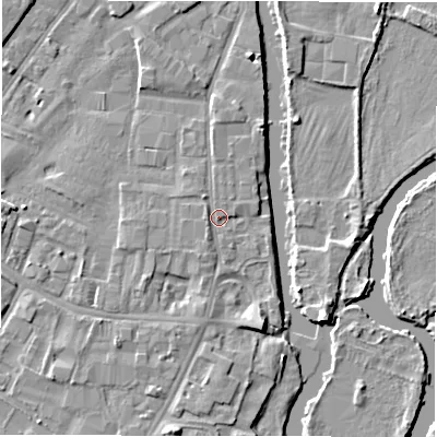 Shaded relief map of the ground around DE141SP, computed from Environment Agency LiDAR. The ground here sits at about 46 m above sea level and falls 5 m across the surrounding 800 m. Surface water reaching this point runs off ground lying to the south-south-west, 1.3 m higher.