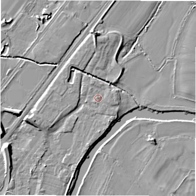 Shaded relief map of the ground around DE141SQ, computed from Environment Agency LiDAR. The ground here sits at about 46 m above sea level and falls 10 m across the surrounding 800 m. Surface water reaching this point runs off ground lying to the south-east, 0.6 m higher.