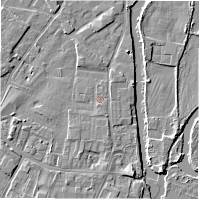 Shaded relief map of the ground around DE141SS, computed from Environment Agency LiDAR. The ground here sits at about 45 m above sea level and falls 5 m across the surrounding 800 m. Surface water reaching this point runs off ground lying to the south, 0.9 m higher.