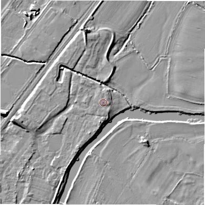 Shaded relief map of the ground around DE141ST, computed from Environment Agency LiDAR. The ground here sits at about 46 m above sea level and falls 8 m across the surrounding 800 m. Surface water reaching this point runs off ground lying to the west-north-west, 0.9 m higher.