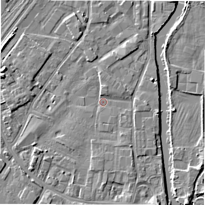 Shaded relief map of the ground around DE141SW, computed from Environment Agency LiDAR. The ground here sits at about 45 m above sea level and falls 8 m across the surrounding 800 m. Surface water reaching this point runs off ground lying to the south-south-east, 1.8 m higher.