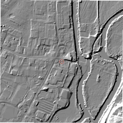 Shaded relief map of the ground around DE141SY, computed from Environment Agency LiDAR. The ground here sits at about 46 m above sea level and falls 18 m across the surrounding 800 m. Surface water reaching this point runs off ground lying to the south, 1.3 m higher.