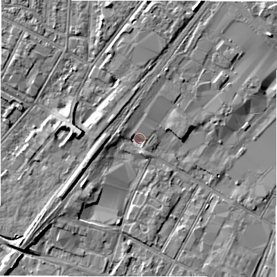 Shaded relief map of the ground around DE141SZ, computed from Environment Agency LiDAR. The ground here sits at about 46 m above sea level and falls 6 m across the surrounding 800 m. Surface water reaching this point runs off ground lying to the west-north-west, 3.0 m higher.