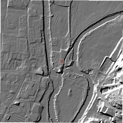 Shaded relief map of the ground around DE141TD, computed from Environment Agency LiDAR. The ground here sits at about 45 m above sea level and falls 26 m across the surrounding 800 m. Surface water reaching this point runs off ground lying to the north-north-east, 2.0 m higher.