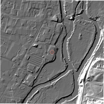 Shaded relief map of the ground around DE141TL, computed from Environment Agency LiDAR. The ground here sits at about 46 m above sea level and falls 31 m across the surrounding 800 m. Surface water reaching this point runs off ground lying to the west, 1.1 m higher.