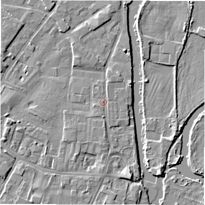 Shaded relief map of the ground around DE141TR, computed from Environment Agency LiDAR. The ground here sits at about 46 m above sea level and falls 5 m across the surrounding 800 m. Surface water reaching this point runs off ground lying to the south, 0.6 m higher.