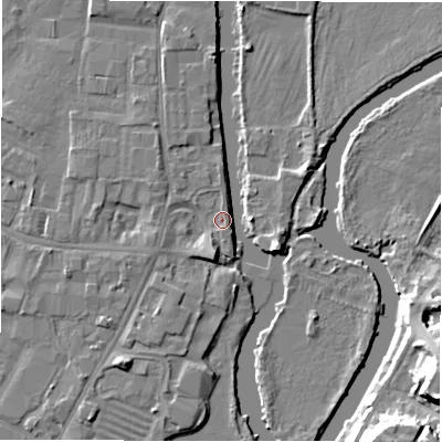Shaded relief map of the ground around DE141TS, computed from Environment Agency LiDAR. The ground here sits at about 45 m above sea level and falls 15 m across the surrounding 800 m. Surface water reaching this point runs off ground lying to the east-south-east, 4.8 m higher.