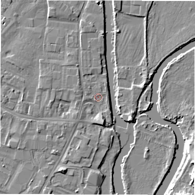Shaded relief map of the ground around DE141TT, computed from Environment Agency LiDAR. The ground here sits at about 45 m above sea level and falls 8 m across the surrounding 800 m. Surface water reaching this point runs off ground lying to the south, 3.1 m higher.