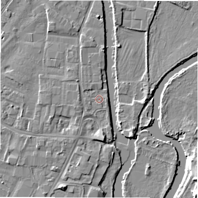 Shaded relief map of the ground around DE141TU, computed from Environment Agency LiDAR. The ground here sits at about 45 m above sea level and falls 9 m across the surrounding 800 m. Surface water reaching this point runs off ground lying to the west, 1.4 m higher.