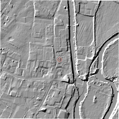 Shaded relief map of the ground around DE141TX, computed from Environment Agency LiDAR. The ground here sits at about 46 m above sea level and falls 5 m across the surrounding 800 m. Surface water reaching this point runs off ground lying to the east-south-east, 0.9 m higher.
