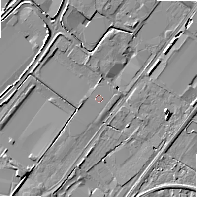 Shaded relief map of the ground around DE142AA, computed from Environment Agency LiDAR. The ground here sits at about 46 m above sea level and falls 9 m across the surrounding 800 m. Surface water reaching this point runs off ground lying to the north-west, 2.3 m higher.
