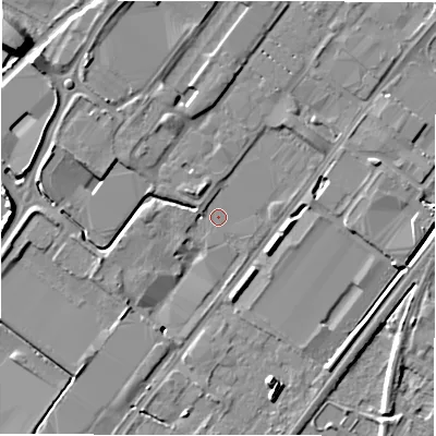 Shaded relief map of the ground around DE142AB, computed from Environment Agency LiDAR. The ground here sits at about 46 m above sea level and falls 12 m across the surrounding 800 m. Surface water reaching this point runs off ground lying to the north-west, 7.9 m higher.