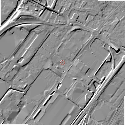 Shaded relief map of the ground around DE142AD, computed from Environment Agency LiDAR. The ground here sits at about 46 m above sea level and falls 8 m across the surrounding 800 m. Surface water reaching this point runs off ground lying to the east-north-east, 8.1 m higher.