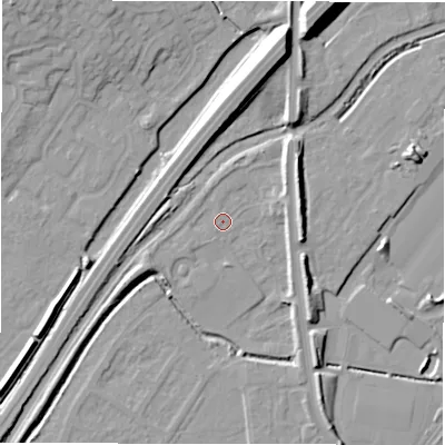 Shaded relief map of the ground around DE142AF, computed from Environment Agency LiDAR. The ground here sits at about 46 m above sea level and falls 12 m across the surrounding 800 m. Surface water reaching this point runs off ground lying to the north-north-east, 1.2 m higher.
