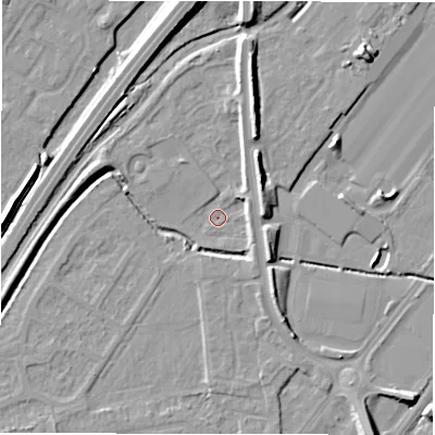 Shaded relief map of the ground around DE142AN, computed from Environment Agency LiDAR. The ground here sits at about 45 m above sea level and falls 10 m across the surrounding 800 m. Surface water reaching this point runs off ground lying to the north-north-east, 5.6 m higher.
