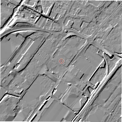 Shaded relief map of the ground around DE142AP, computed from Environment Agency LiDAR. The ground here sits at about 46 m above sea level and falls 8 m across the surrounding 800 m. Surface water reaching this point runs off ground lying to the north-west, 1.1 m higher.