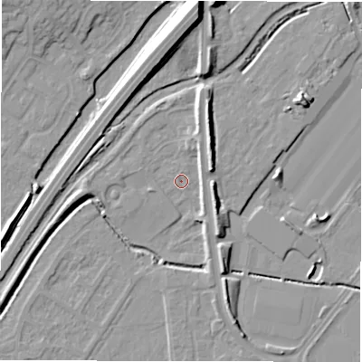 Shaded relief map of the ground around DE142AQ, computed from Environment Agency LiDAR. The ground here sits at about 45 m above sea level and falls 12 m across the surrounding 800 m. Surface water reaching this point runs off ground lying to the north-north-east, 3.8 m higher.