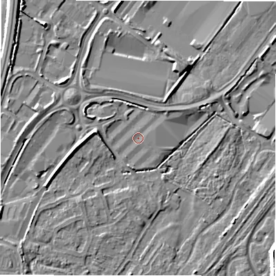 Shaded relief map of the ground around DE142AR, computed from Environment Agency LiDAR. The ground here sits at about 47 m above sea level and falls 8 m across the surrounding 800 m. Surface water reaching this point runs off ground lying to the west, 4.0 m higher.