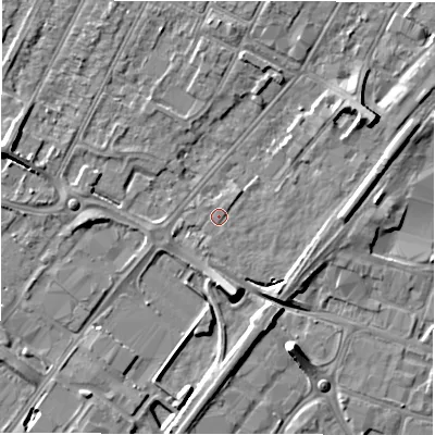 Shaded relief map of the ground around DE142AS, computed from Environment Agency LiDAR. The ground here sits at about 47 m above sea level and falls 8 m across the surrounding 800 m. Surface water reaching this point runs off ground lying to the north-east, 0.5 m higher.