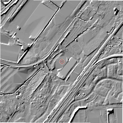 Shaded relief map of the ground around DE142AT, computed from Environment Agency LiDAR. The ground here sits at about 46 m above sea level and falls 9 m across the surrounding 800 m. Surface water reaching this point runs off ground lying to the south-south-west, 3.6 m higher.