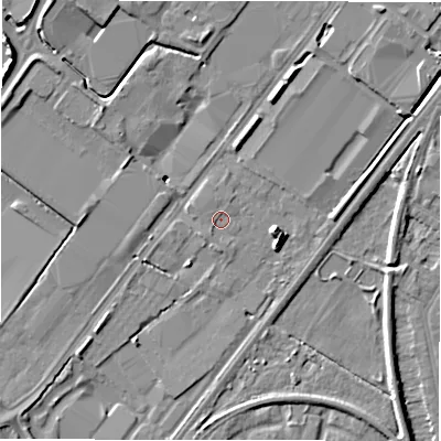 Shaded relief map of the ground around DE142AW, computed from Environment Agency LiDAR. The ground here sits at about 46 m above sea level and falls 9 m across the surrounding 800 m. Surface water reaching this point runs off ground lying to the south, 1.0 m higher.