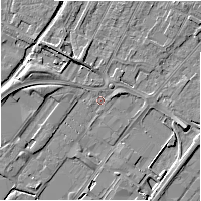 Shaded relief map of the ground around DE142AY, computed from Environment Agency LiDAR. The ground here sits at about 47 m above sea level and falls 8 m across the surrounding 800 m. Surface water reaching this point runs off ground lying to the north-north-west, 5.1 m higher.
