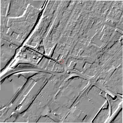 Shaded relief map of the ground around DE142BA, computed from Environment Agency LiDAR. The ground here sits at about 47 m above sea level and falls 7 m across the surrounding 800 m. Surface water reaching this point runs off ground lying to the west, 1.7 m higher.